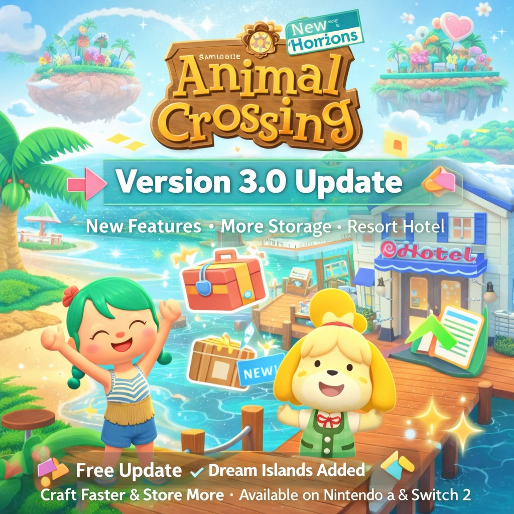 Animal Crossing New Horizons Version 3.0 update featured image showing new resort hotel, dream islands, and island life on Nintendo Switch