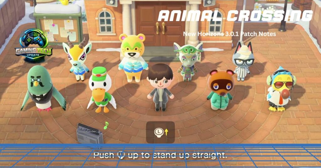 Custom title graphic for Animal Crossing New Horizons 3.0.1 patch notes showing a player and villagers stretching.
