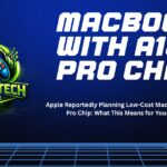 MacBook with A18 Pro chip promotional banner featuring gaming tech update theme and Apple low-cost laptop headline.