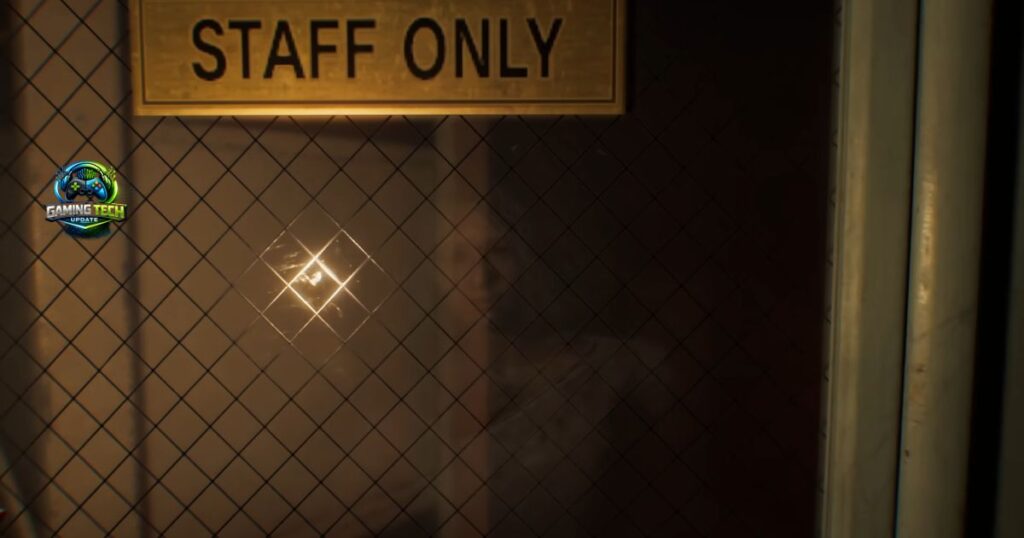 Ray traced reflections visible through glass panes in Resident Evil Requiem's Gamescom demo environment, showing accurate scene mirroring