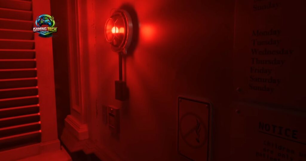 Path traced shadows and direct lighting in a dark corridor in Resident Evil Requiem, showing realistic shadow casting from a handheld lighter