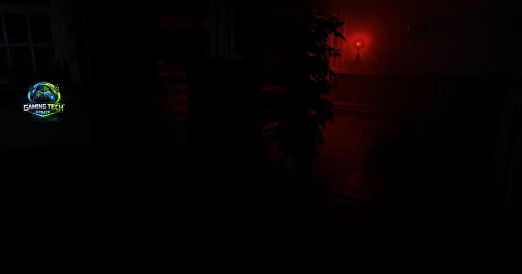 Wide atmospheric shot of a dark unlit environment in Resident Evil Requiem showing deep blacks and subtle bounce lighting from a distant source