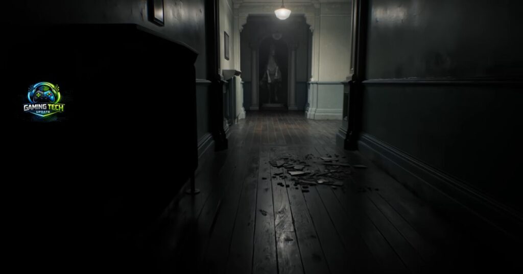 Dark hallway in Resident Evil Requiem showing path traced indirect lighting with subtle temporal noise visible in indirectly lit shadow regions