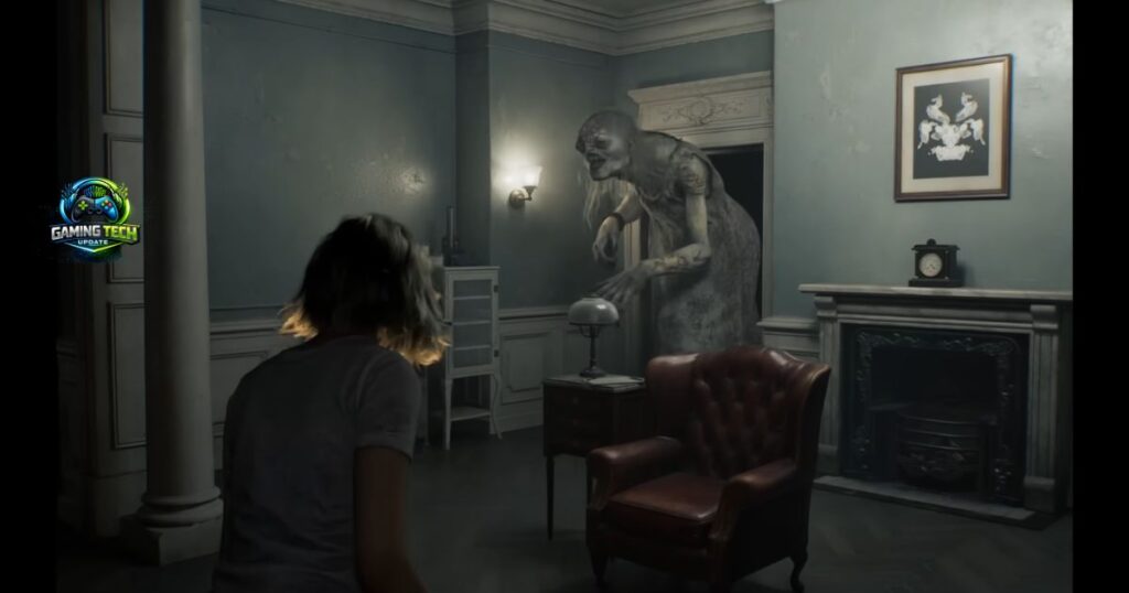 Close-up of high fidelity stone statue and natural material surfaces in Resident Evil Requiem, showing detailed texture work and realistic light interaction