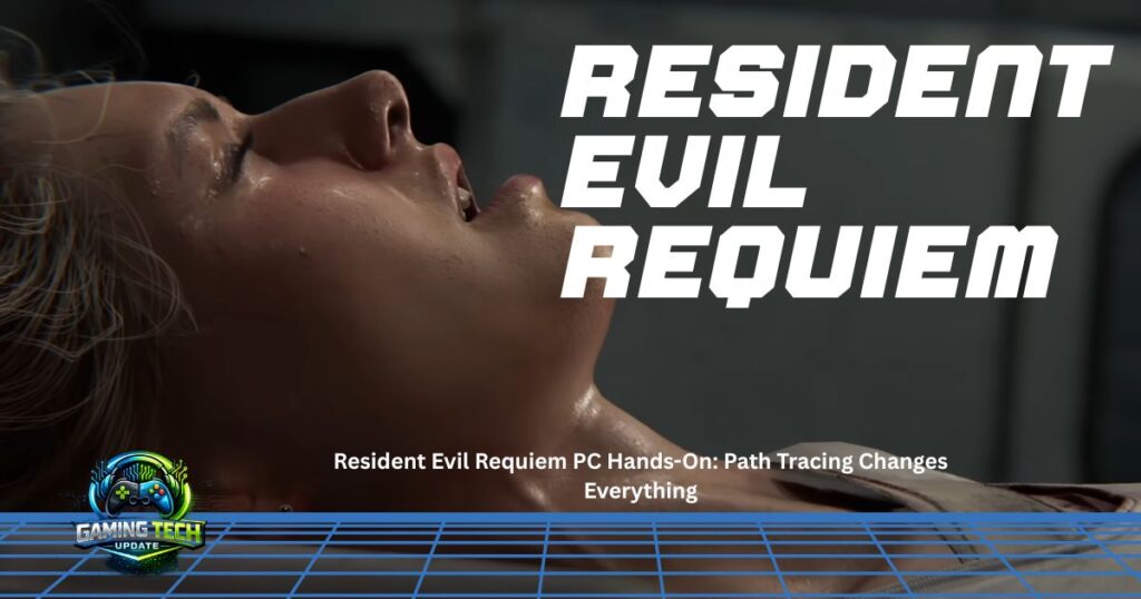 A close-up profile shot of protagonist Grace from Resident Evil Requiem, showing detailed skin textures and realistic sweat rendered with path tracing.