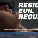 A close-up profile shot of protagonist Grace from Resident Evil Requiem, showing detailed skin textures and realistic sweat rendered with path tracing.