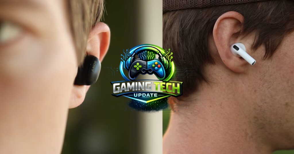 Person wearing one Sony earbud and one AirPods Pro 3 earbud