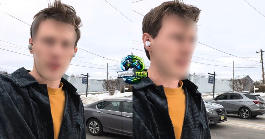 Side-by-side outdoor microphone test showing Sony WF-1000XM6 on the left and Apple AirPods Pro 3 on the right, both worn on a busy street with traffic in the background