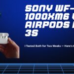 Sony WF-1000XM6 and AirPods Pro 3 earbuds held side by side against a blue background with comparison title text