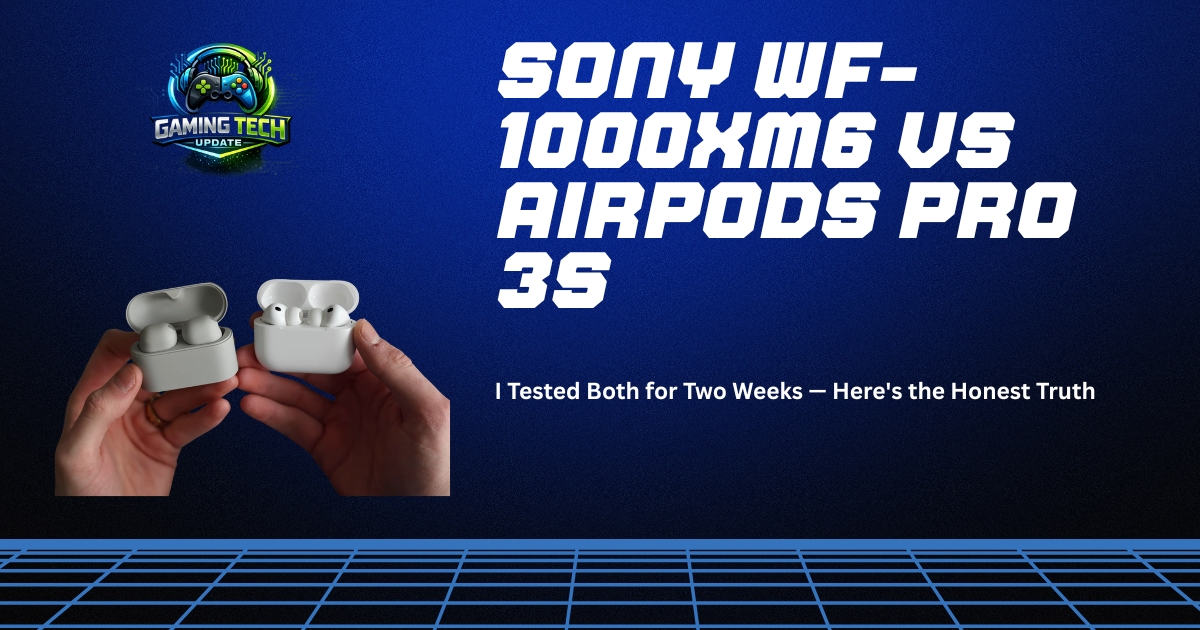 Sony WF-1000XM6 and AirPods Pro 3 earbuds held side by side against a blue background with comparison title text