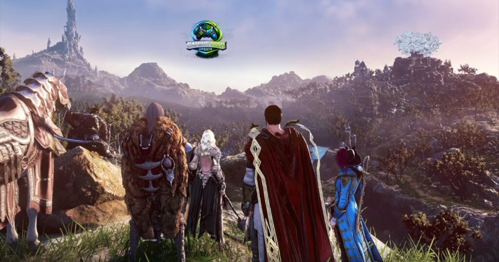 Crimson Desert gameplay footage showing a towering fantasy boss creature facing the player character in a richly detailed open environment