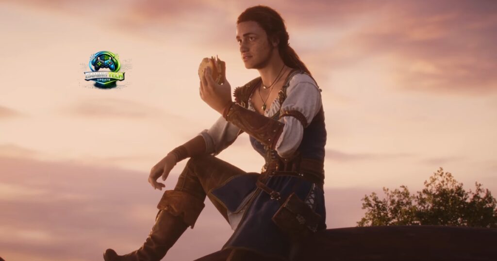 Fable reboot gameplay image showing a verdant English fantasy landscape with a character walking through a charming village filled with unique NPC inhabitants