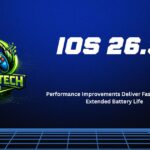 iOS 26.3 update banner showing gaming tech theme with performance improvements and extended battery life headline.