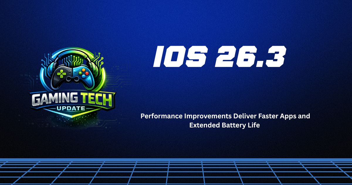 iOS 26.3 update banner showing gaming tech theme with performance improvements and extended battery life headline.